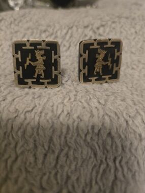 Black and Gold Square Enamel Cufflinks with Figurine Accent